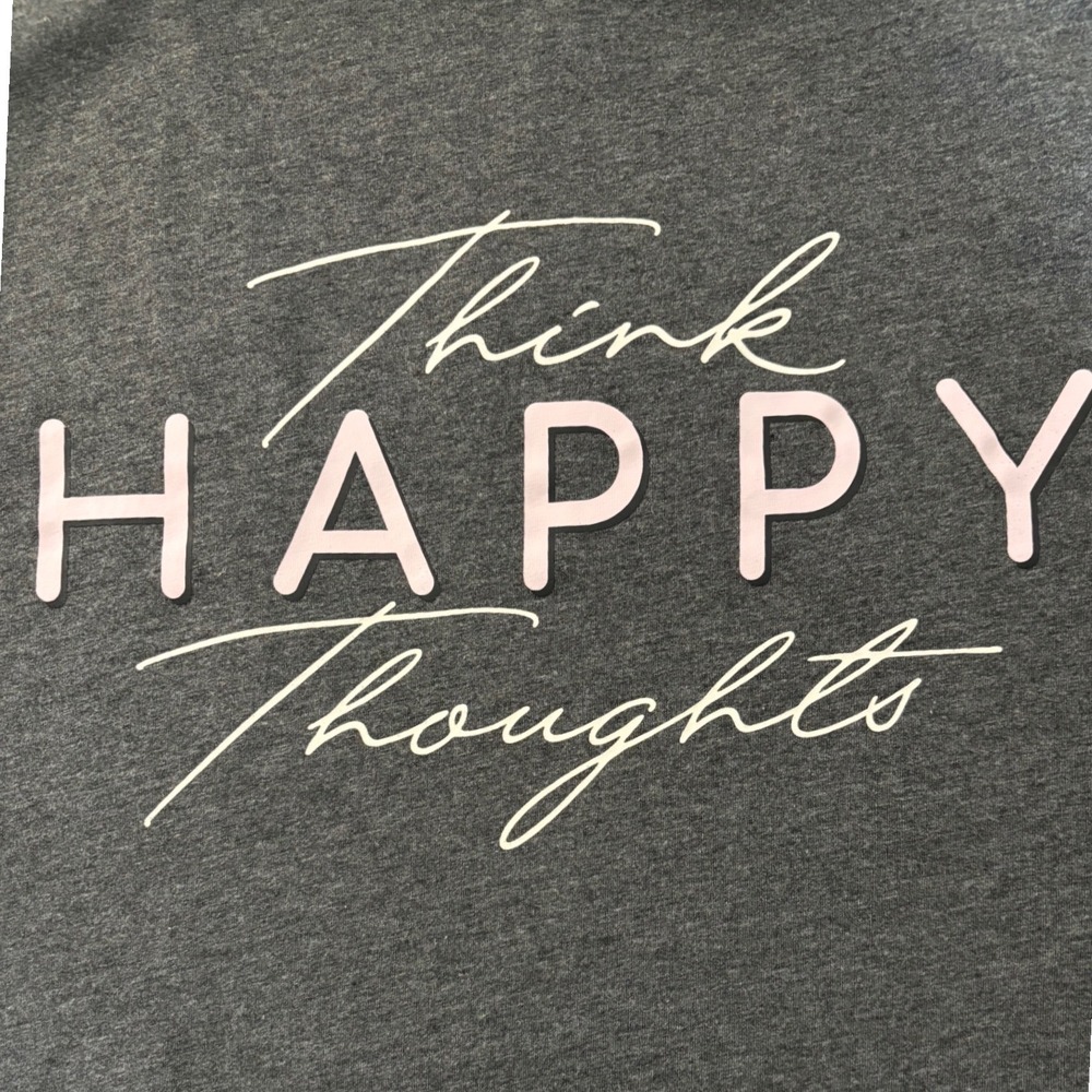 Fleurish Graphic Tee Women Large Dark Gray "Think Happy Thoughts"NWOT Top
